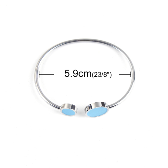 Immagine di 304 Acciaio Inossidabile Aprire Braccialetti Tono Argento Azzurro Tondo Elastico 18.3cmLunghezza, 1 Pz