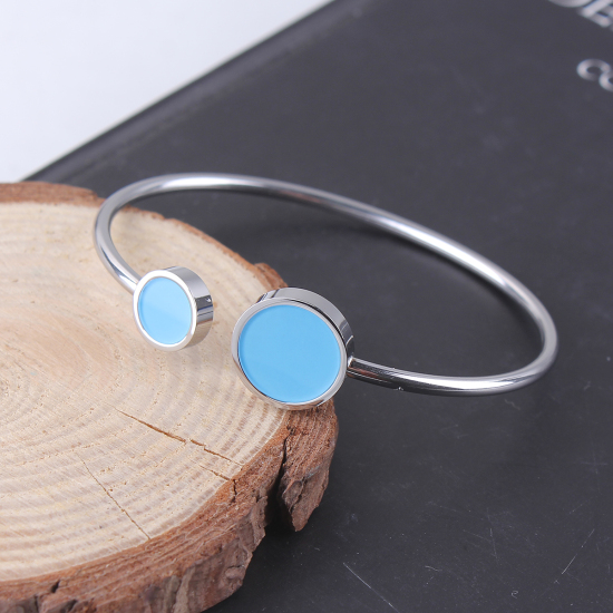 Immagine di 304 Acciaio Inossidabile Aprire Braccialetti Tono Argento Azzurro Tondo Elastico 18.3cmLunghezza, 1 Pz