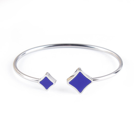 Picture of 304 Stainless Steel Open Cuff Bangles Bracelets Silver Tone Deep Blue Rhombus Elastic 18.3cm(7 2/8") long, 1 Piece