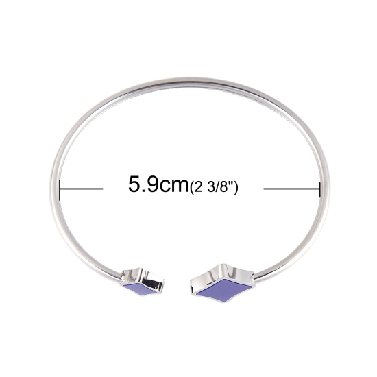 Picture of 304 Stainless Steel Open Cuff Bangles Bracelets Silver Tone Deep Blue Rhombus Elastic 18.3cm(7 2/8") long, 1 Piece