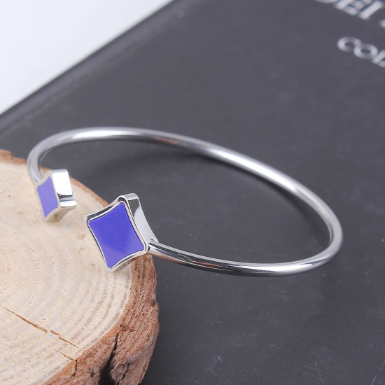 Picture of 304 Stainless Steel Open Cuff Bangles Bracelets Silver Tone Deep Blue Rhombus Elastic 18.3cm(7 2/8") long, 1 Piece