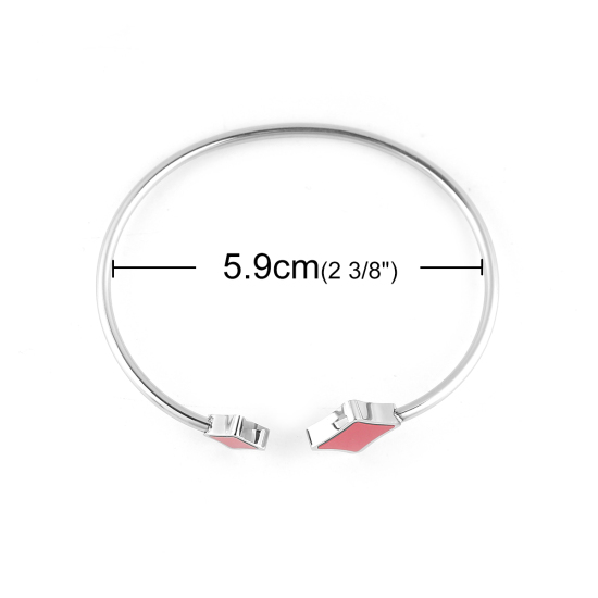 Image de Bracelet Manchette Jonc Semi-Ouvert en 304 Acier Inoxydable Losange Elastique Rouge Argent Mat 18.3cm 1 Pièce