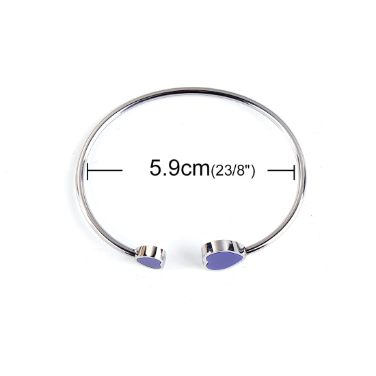 Imagen de 304 Acero Inoxidable Abierta Cuff Brazaletes Pulseras Tono de Plata Azul Oscuro Corazón Elástico 18cm longitud, 1 Unidad