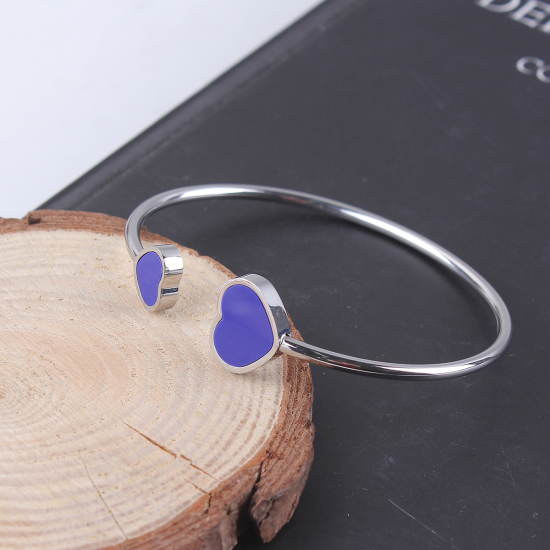 Imagen de 304 Acero Inoxidable Abierta Cuff Brazaletes Pulseras Tono de Plata Azul Oscuro Corazón Elástico 18cm longitud, 1 Unidad