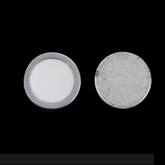 Imagen de 304 Acero Inoxidable Pendientes Magnéticos Altos Tono de Plata Blanco Ronda Esmalte 8mm Dia., 1 Unidad