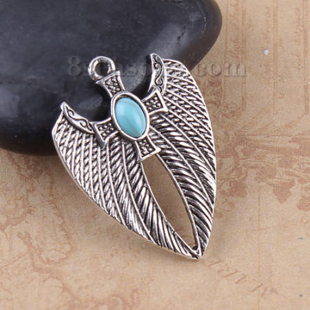 Zinc Based Alloy Pendants Wing Antique Silver Color Blue Cross Imitation Turquoise 32mm(1 2/8") x 23mm( 7/8"), 10 PCs