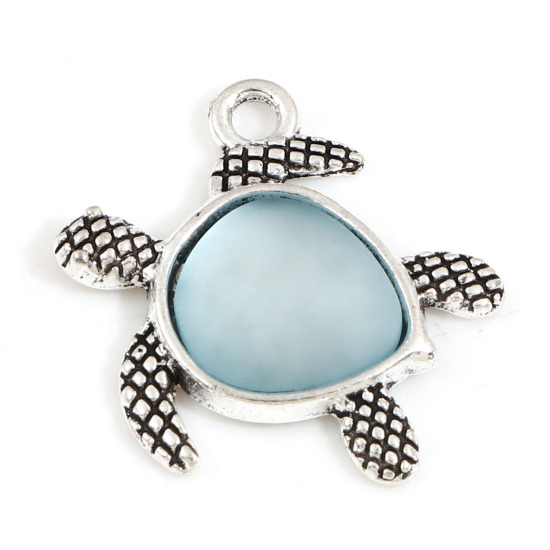 Picture of Zinc Based Alloy Sea Glass Charms Sea Turtle Animal Antique Silver Color Blue 21mm( 7/8") x 20mm( 6/8"), 5 PCs