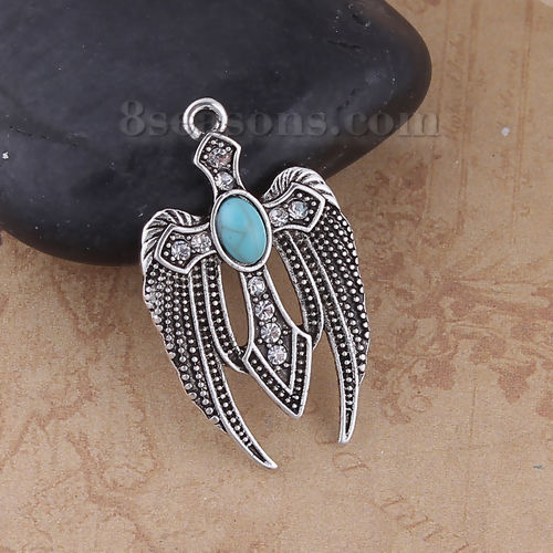 Picture of Zinc Based Alloy Pendants Wing Antique Silver Color Blue Cross Clear Rhinestone Imitation Turquoise 32mm(1 2/8") x 19mm( 6/8"), 5 PCs