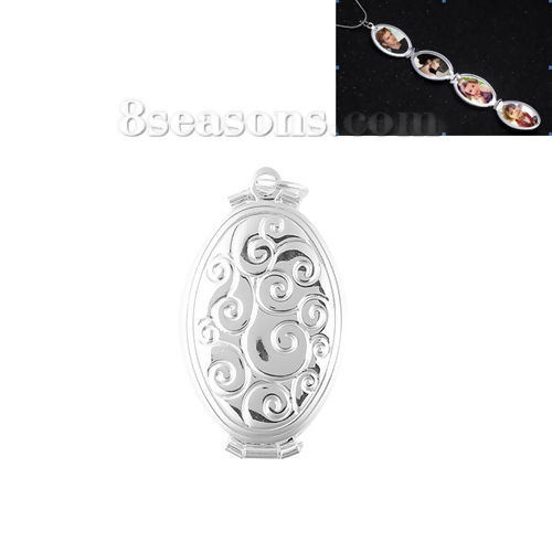 Picture of Copper Picture Photo Locket Frame Pendents Vine Silver Plated Oval Cabochon Settings (Fits 23mm x13mm) Can Open 40mm(1 5/8") x 20mm( 6/8"), 1 Piece