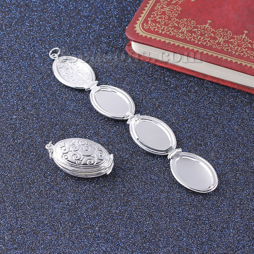 Picture of Copper Picture Photo Locket Frame Pendents Vine Silver Plated Oval Cabochon Settings (Fits 23mm x13mm) Can Open 40mm(1 5/8") x 20mm( 6/8"), 1 Piece