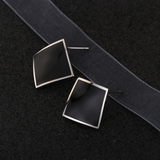 Immagine di 304 Acciaio Inossidabile Orecchini a Perno Tono Argento Nero Rombo Smalto 21mm x 12mm, Posta / Filo Dimensione: (21 misura), 1 Paio