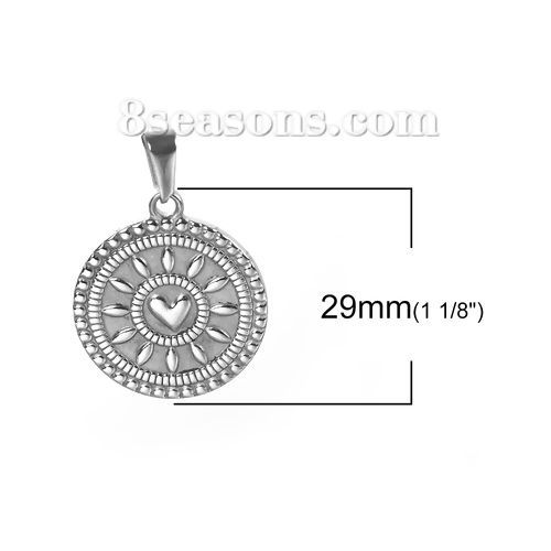 Picture of 1 Piece 304 Stainless Steel Blank Stamping Tags Pendants Round Sun Silver Tone Double-sided Polishing 35mm x 25mm