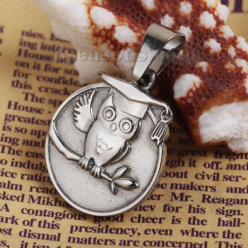 Picture of 304 Stainless Steel Blank Stamping Tags Pendants Round Owl Silver Tone One-sided Polishing 40mm x 25mm, 1 Piece