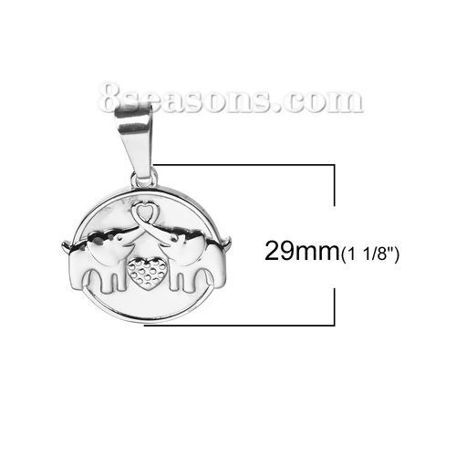 Picture of 1 Piece 304 Stainless Steel Blank Stamping Tags Pendants Round Elephant Silver Tone Double-sided Polishing 39mm x 28mm