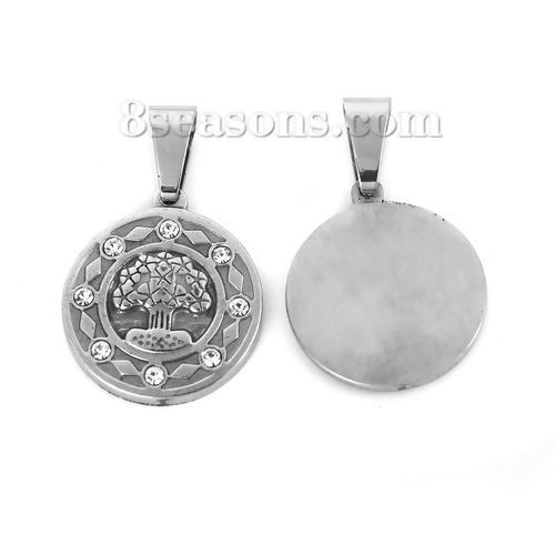 Picture of 304 Stainless Steel Blank Stamping Tags Pendants Round Tree Silver Tone One-sided Polishing Clear Rhinestone 38mm x 24mm, 1 Piece