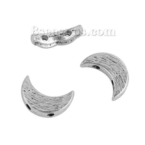 Immagine di Lega di Zinco Separatori Perline Due Fori Luna Argento Antico Circa 12mm x 8mm, Foro:Circa 1.4mm, 100 Pz