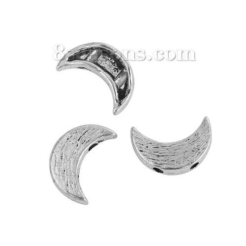 Immagine di Lega di Zinco Separatori Perline Due Fori Luna Argento Antico Circa 12mm x 8mm, Foro:Circa 1.4mm, 100 Pz