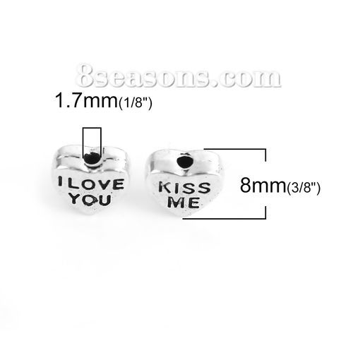 亜鉛合金 ビーズ ハート 銀古美 文字 文字" I LOVE YOU KISS ME" 約 8mm x 7mm、 100 個 の画像