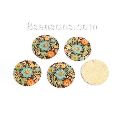 Picture of Brass Enamel Painting Charms Gold Plated Multicolor Round Flower Leaves Sparkledust 20mm Dia., 10 PCs                                                                                                                                                         