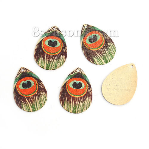 Picture of Brass Enamel Painting Charms Gold Plated Multicolor Peacock Feather Drop Sparkledust 27mm x 18mm, 10 PCs                                                                                                                                                      