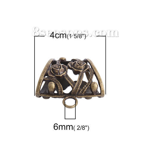 Picture of Zinc Based Alloy Bails For Wrap Scarf Rectangle Antique Bronze Flower Pattern 40mm(1 5/8") x 37mm(1 4/8"), 5 PCs