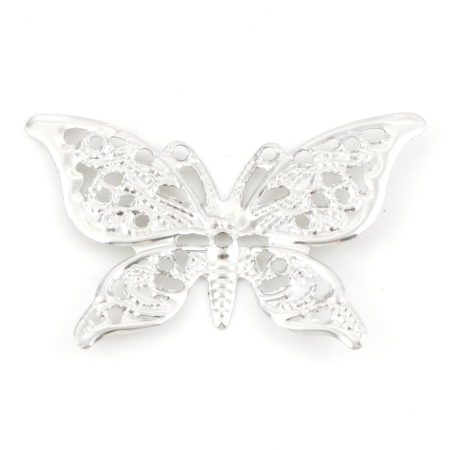 Iron Based Alloy Filigree Stamping Embellishments Butterfly Animal Silver Tone 39mm(1 4/8") x 26mm(1"), 100 PCs