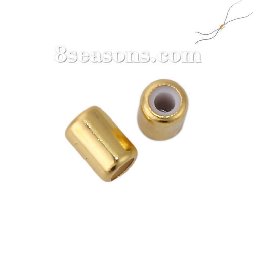 Picture of Brass Spacer Slider Clasp Beads Cylinder Gold Plated With Adjustable Silicone Core About 4mm( 1/8") Dia, Hole: Approx 2mm, 20 PCs                                                                                                                             
