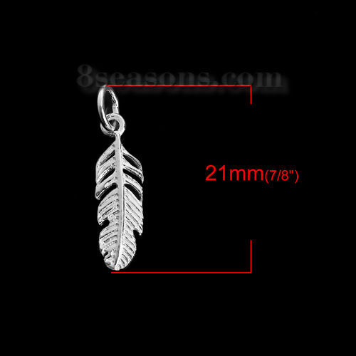 Picture of Sterling Silver Charms Silver Feather W/ Jump Ring 21mm( 7/8") x 5mm( 2/8"), 2 Grams (Approx 4 PCs)