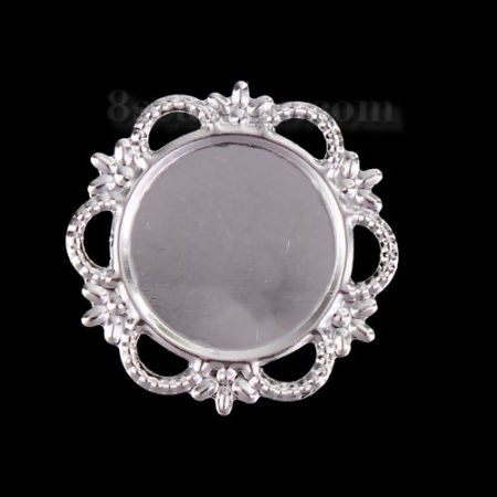 Picture of Iron Based Alloy Filigree Stamping Embellishments Flower Silver Tone Cabochon Settings (Fits 17.5mm Dia.) 28mm(1 1/8") x 28mm(1 1/8"), 60 PCs