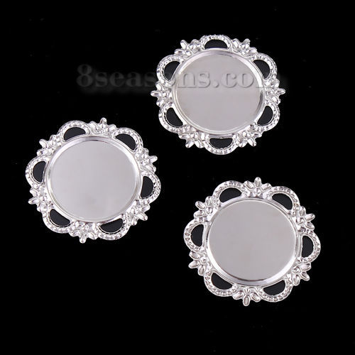 Picture of Iron Based Alloy Filigree Stamping Embellishments Flower Silver Tone Cabochon Settings (Fits 17.5mm Dia.) 28mm(1 1/8") x 28mm(1 1/8"), 60 PCs
