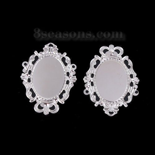 Picture of Iron Based Alloy Filigree Stamping Embellishments Crown Silver Tone Oval Cabochon Settings (Fits 29mmx21mm) 50mm(2") x 37mm(1 4/8"), 50 PCs