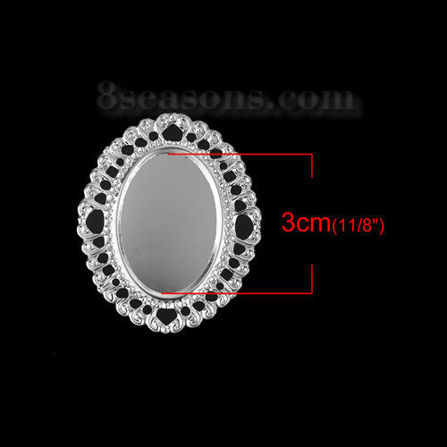 Picture of Iron Based Alloy Filigree Stamping Embellishments Oval Silver Tone Heart Cabochon Settings (Fits 30mmx20mm) 47mm(1 7/8") x 39mm(1 4/8"), 50 PCs