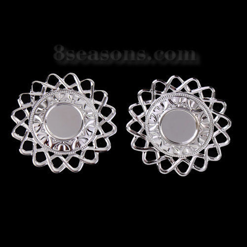 Picture of Iron Based Alloy Filigree Stamping Embellishments Flower Silver Tone Cabochon Settings (Fits 16mm Dia.) 50mm(2") x 50mm(2"), 40 PCs