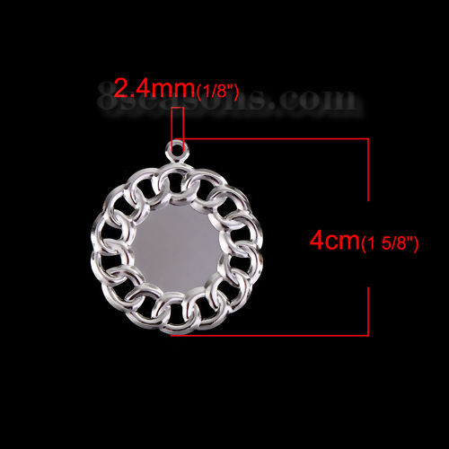 Picture of Iron Based Alloy Pendants Round Silver Tone Filigree Cabochon Settings (Fits 17mm Dia.) 40mm x 35mm, 50 PCs
