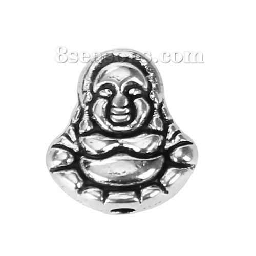 Picture of Zinc Based Alloy 3D Beads Maitreya Buddha Antique Silver Color 11mm x 10mm, Hole: Approx 1.4mm, 50 PCs