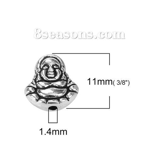 Bild von Zinklegierung 3D Perlen Maitreya Buddha Antiksilber 11mm x 10mm, Loch:ca. 1.4mm, 50 Stück