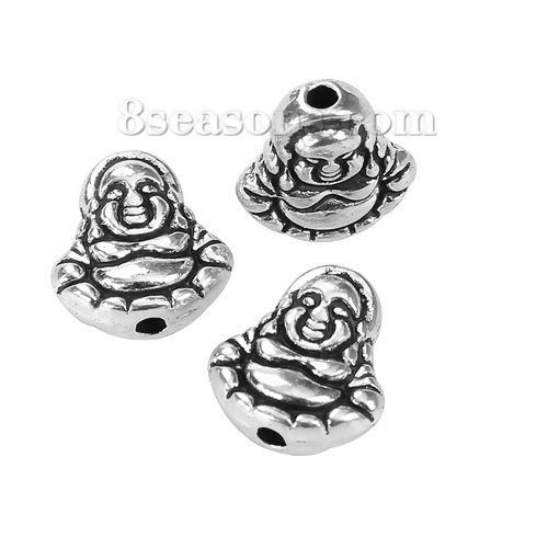 Picture of Zinc Based Alloy 3D Beads Maitreya Buddha Antique Silver Color 11mm x 10mm, Hole: Approx 1.4mm, 50 PCs