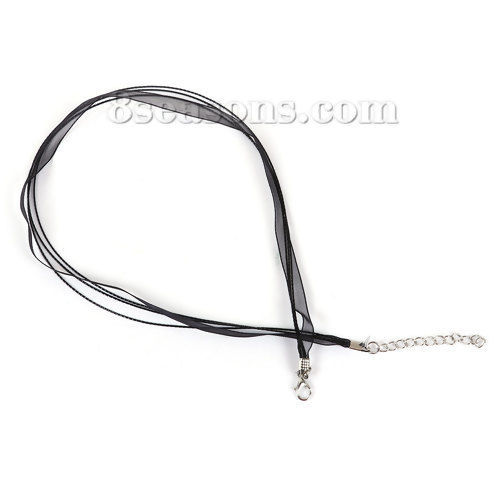 Picture of Organza Ribbon & Polyester Cord String Multilayer Layered Necklace Black 44cm(17 3/8") long, 10 PCs