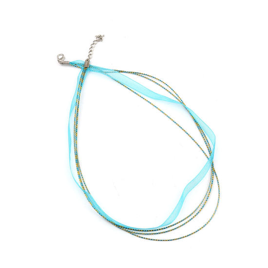 Picture of Organza Ribbon & Polyester Cord String Multilayer Layered Necklace Green Blue 44cm(17 3/8") long, 10 PCs