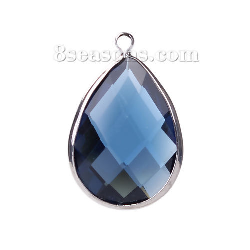 Picture of Copper & Glass Charms Drop Deep Blue Faceted 22mm( 7/8") x 14mm( 4/8"), 5 PCs