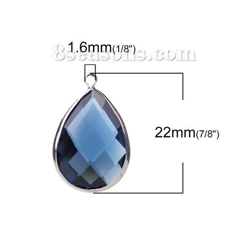 Picture of Brass & Glass Charms Drop Deep Blue Faceted 22mm( 7/8") x 14mm( 4/8"), 5 PCs