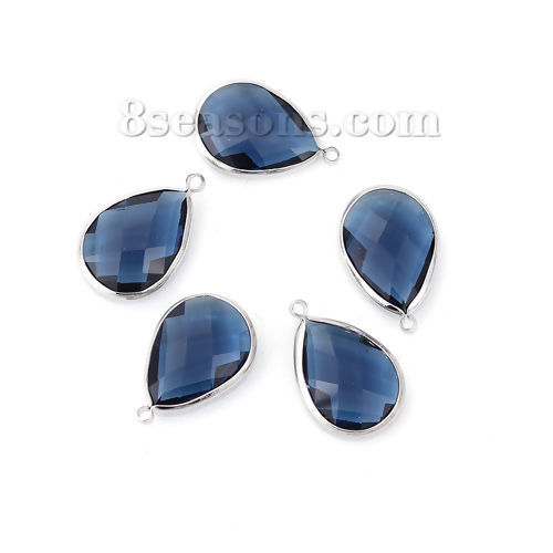 Picture of Brass & Glass Charms Drop Deep Blue Faceted 22mm( 7/8") x 14mm( 4/8"), 5 PCs