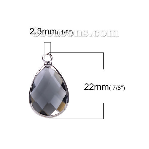 Picture of Brass & Glass Charms Drop Black Faceted 22mm( 7/8") x 14mm( 4/8"), 5 PCs
