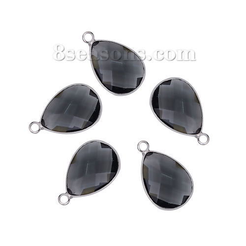 Picture of Brass & Glass Charms Drop Black Faceted 22mm( 7/8") x 14mm( 4/8"), 5 PCs