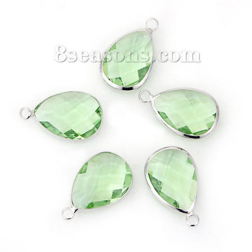 Picture of Brass & Glass Charms Drop Light Green Faceted 22mm( 7/8") x 14mm( 4/8"), 5 PCs