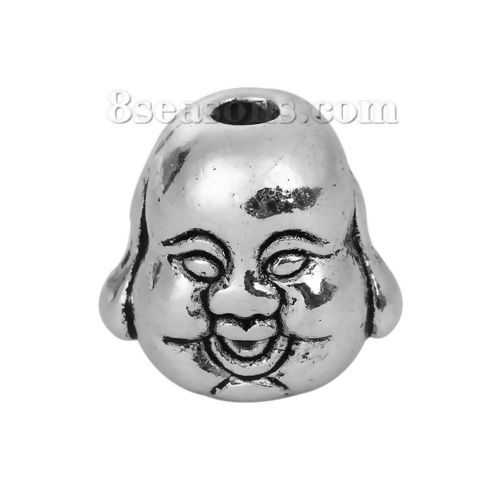 Изображение Цинковый Сплав 3D Бусины Cмеющийся Будда Античное Серебро 10мм x 10мм, Отверстие:примерно 2.1мм, 30 ШТ