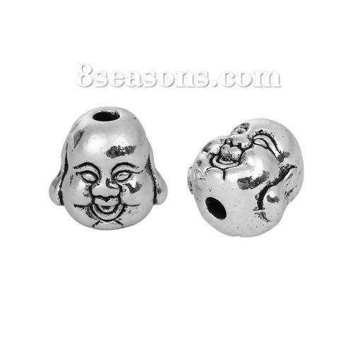 Picture of Zinc Based Alloy 3D Spacer Beads Maitreya Buddha Antique Silver Color 10mm x 10mm, Hole: Approx 2.1mm, 30 PCs