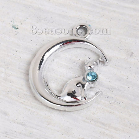 Zamak Galaxia Colgantes Charms Luna Media Tono de Plata Gato Azul Zafiro Rhinestone 20mm x 16mm, 20 Unidades