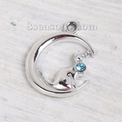 Imagen de Zamak Galaxia Colgantes Charms Luna Media Tono de Plata Gato Azul Zafiro Rhinestone 20mm x 16mm, 20 Unidades