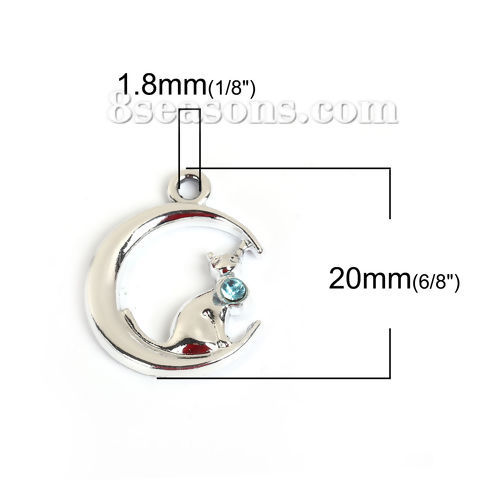 Imagen de Zamak Galaxia Colgantes Charms Luna Media Tono de Plata Gato Azul Zafiro Rhinestone 20mm x 16mm, 20 Unidades